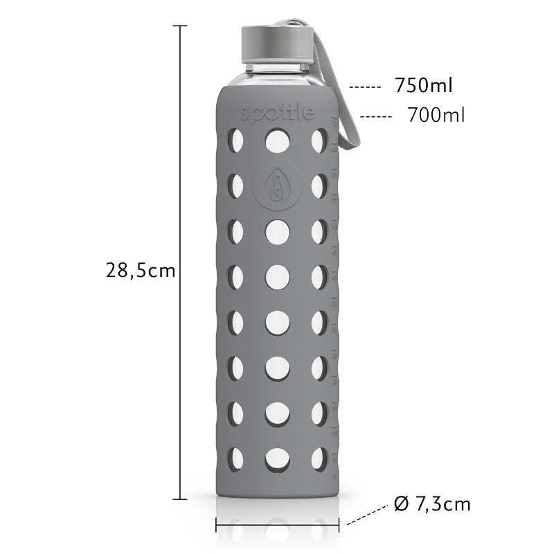 Spottle Glasflasche mit Silikonhülle und Edelstahldeckel 750ml grau