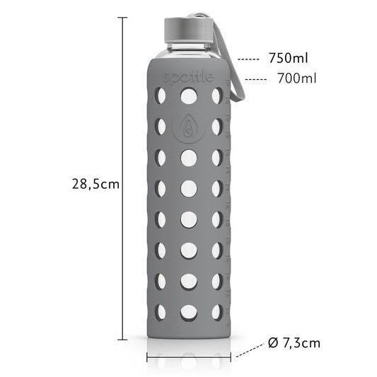 Spottle Glasflasche mit Silikonhülle und Edelstahldeckel 750ml grau