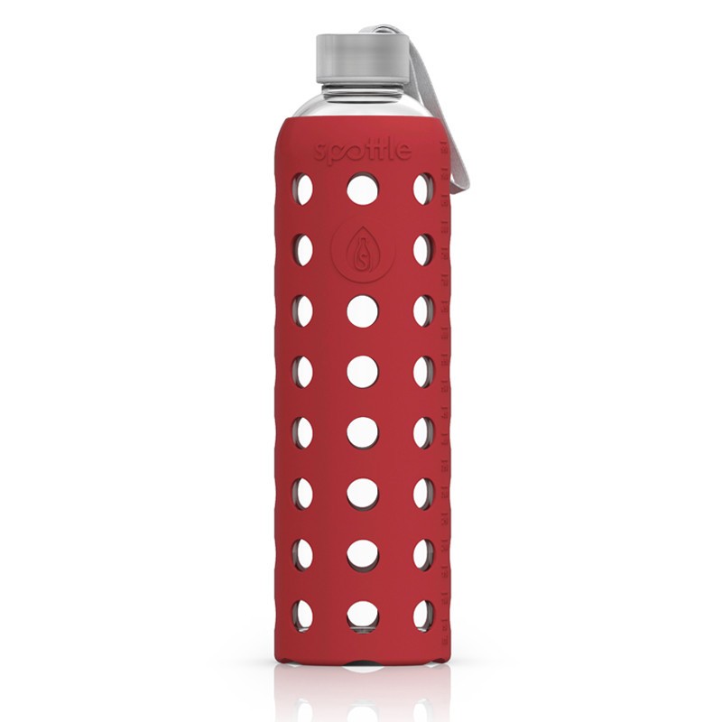 Spottle Glasflasche mit Silikonhülle und Edelstahldeckel 1000ml rot