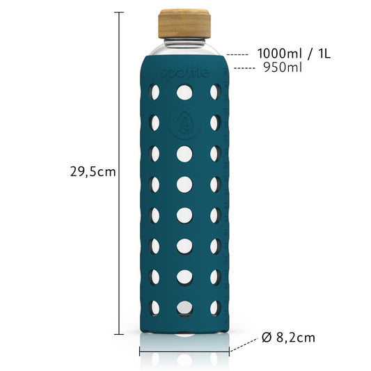 Spottle Glasflasche mit Silikonhülle und Bambusdeckel 1000ml petrol