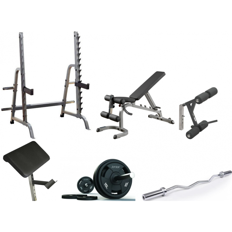 Set-Angebot - Body Solid Rack GPR370B mit Trainingsbank GFID31B, Bein-/Bizepsteil und 135kg Langhantel-Satz und SZ-Curl-Stange