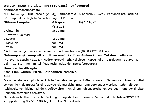 Weider BCAA + L-Glutamin 180 Kapseln