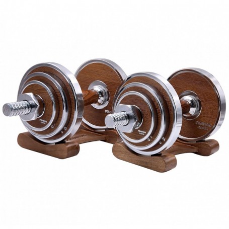 Proiron 2 x 10kg dumbbell set with shelves in walnut wood/steel design-Dumbbell and barbell sets-Shark Fitness AG