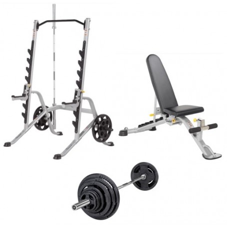 Set offer - Hoist Fitness training bench HF-5165 and squat rack HF-5970 with 135kg rubberized barbell set-Weight benches-Shark Fitness AG