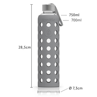 Spottle Glasflasche mit Silikonhülle und Edelstahldeckel 750ml grau