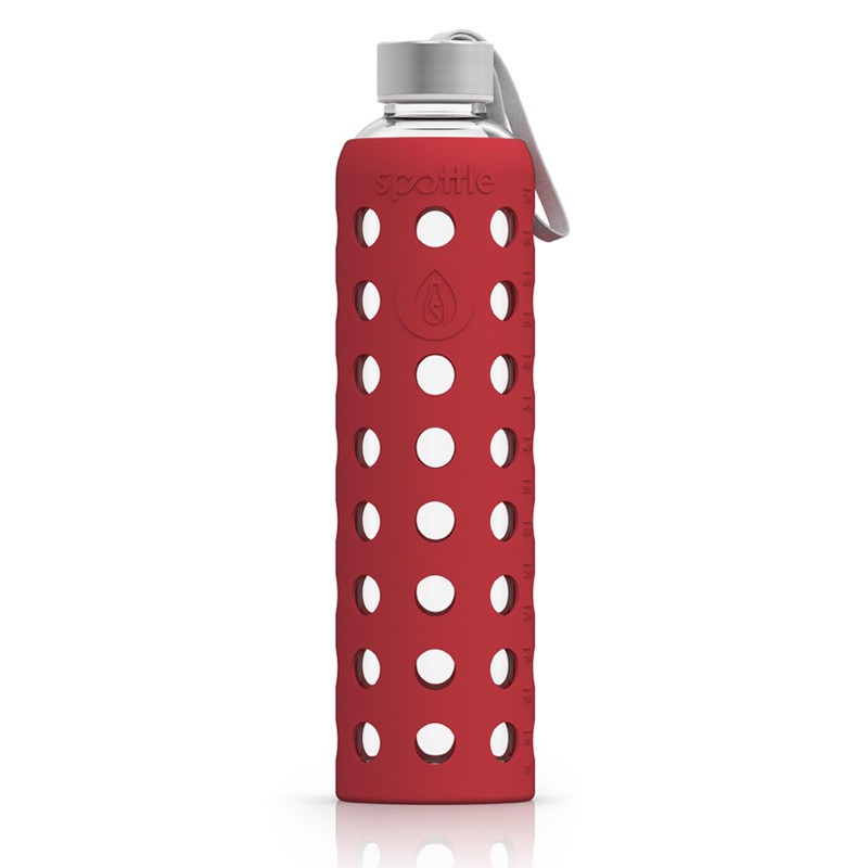 Spottle Glasflasche mit Silikonhülle und Edelstahldeckel, 750ml, rot