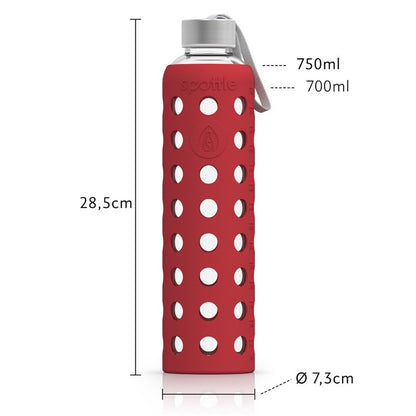 Spottle Glasflasche mit Silikonhülle und Edelstahldeckel, 750ml, rot