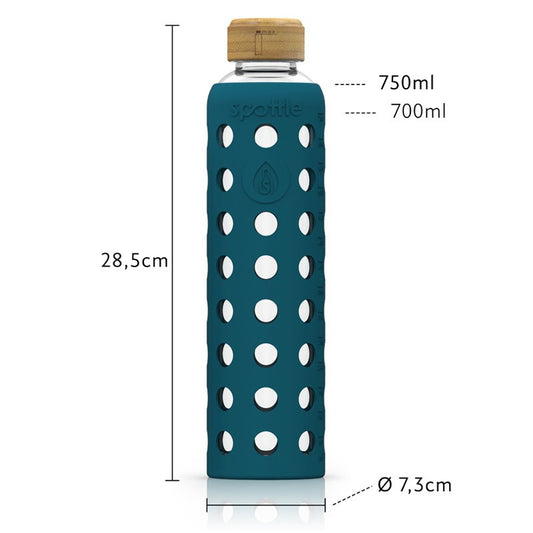 Spottle Glasflasche mit Silikonhülle und Bambusdeckel 750ml petrol
