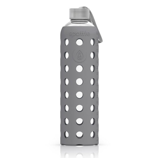 Spottle Glasflasche mit Silikonhülle und Edelstahldeckel 1000ml grau