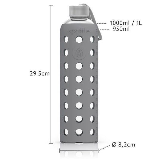 Spottle Glasflasche mit Silikonhülle und Edelstahldeckel 1000ml grau