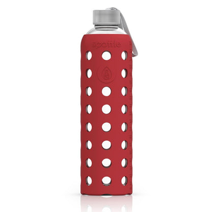 Spottle Glasflasche mit Silikonhülle und Edelstahldeckel 1000ml rot
