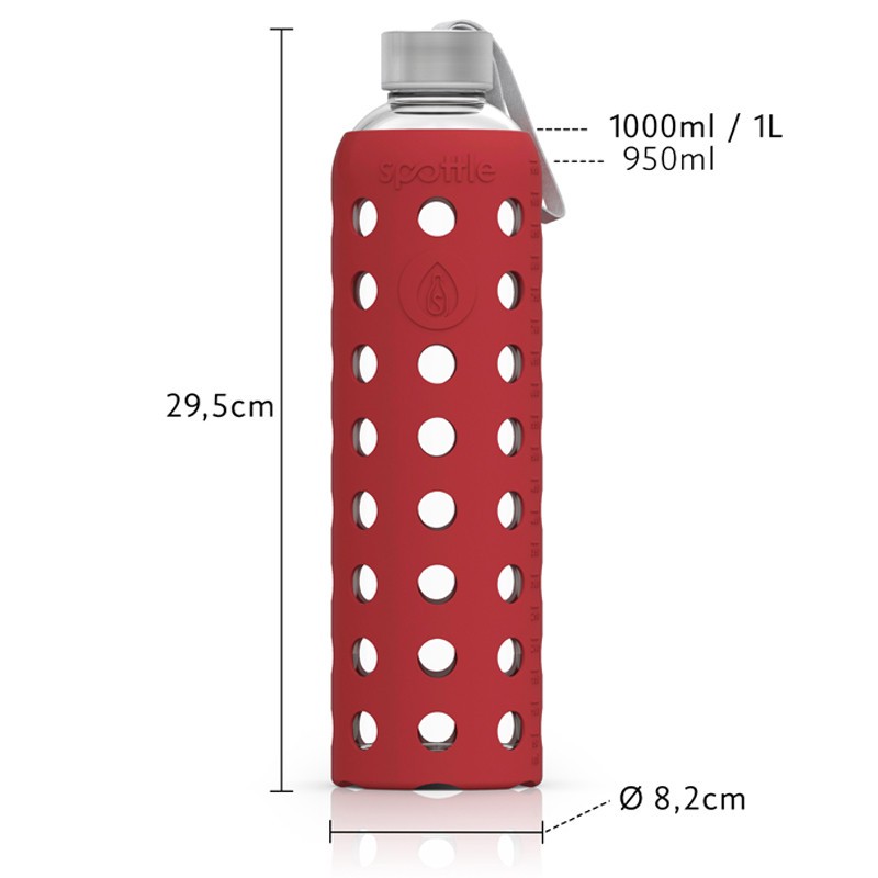 Spottle Glasflasche mit Silikonhülle und Edelstahldeckel 1000ml rot