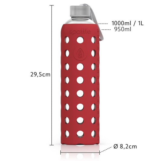 Spottle Glasflasche mit Silikonhülle und Edelstahldeckel 1000ml rot