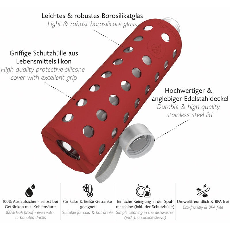 Spottle Glasflasche mit Silikonhülle und Edelstahldeckel 1000ml rot