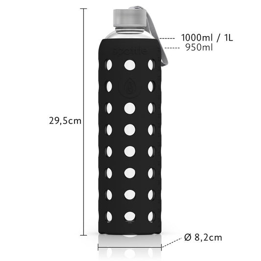 Spottle Glasflasche mit Silikonhülle und Edelstahldeckel 1000ml schwarz