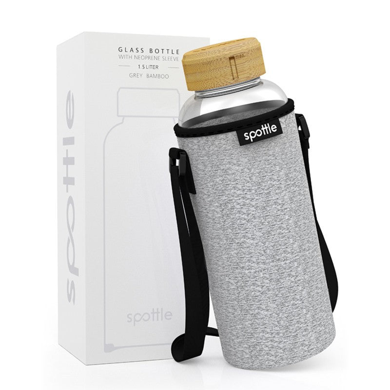 Spottle Glasflasche mit Schutzhülle und Bambusdeckel 1500ml mixed grau