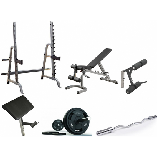 Set-Angebot - Body Solid Rack GPR370B mit Trainingsbank GFID31B, Bein-/Bizepsteil und 135kg Langhantel-Satz und SZ-Curl-Stange