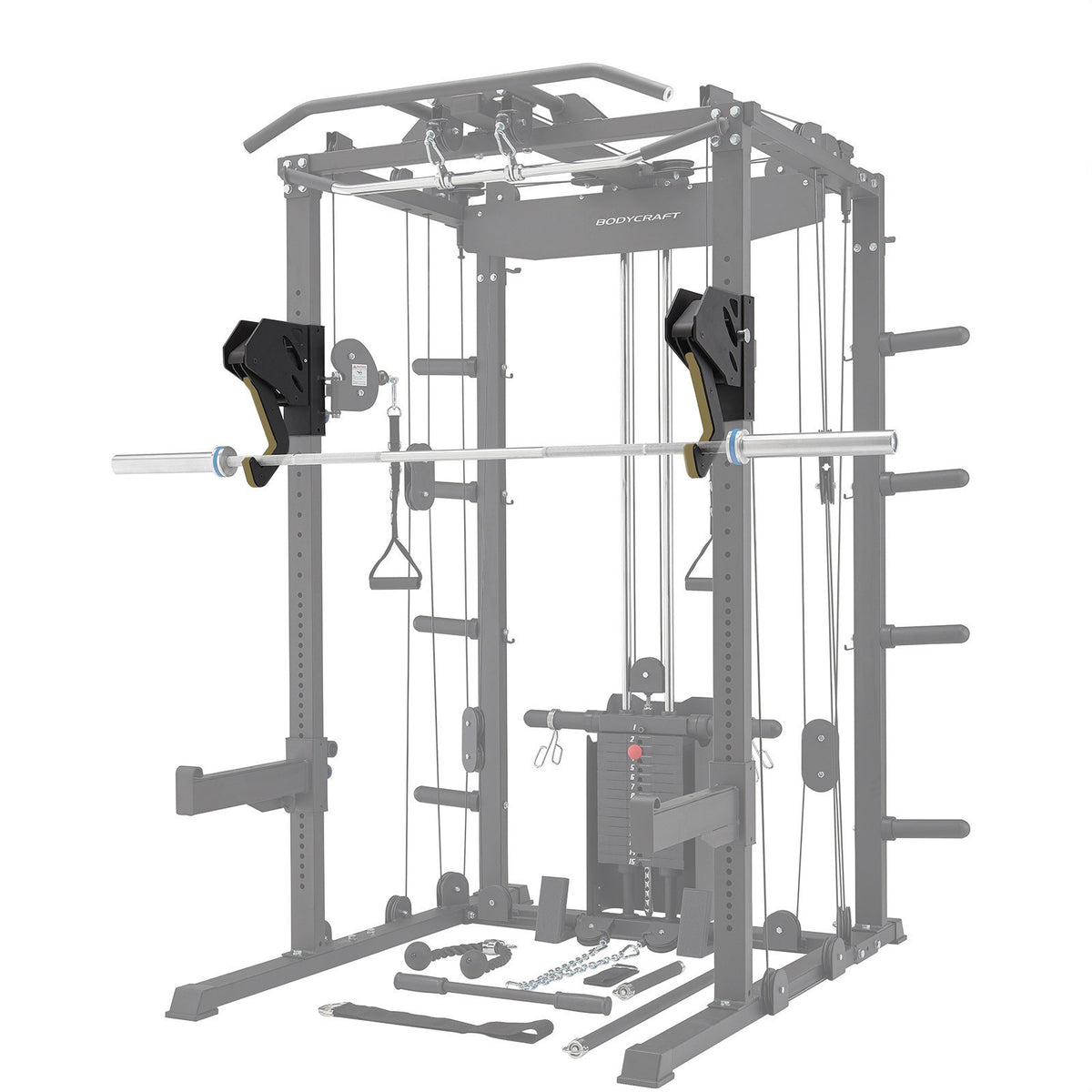 Bodycraft Super Gym 1 - Full Set mit Multi Presse, Jammer Arms, Monolift Arms, Dip -, Landmine- und Battle Rope-Attachment