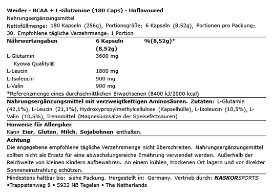 Weider BCAA + L-Glutamin 180 Kapseln