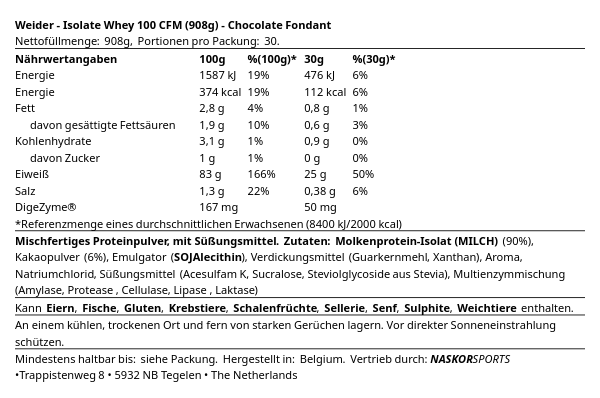 Weider Whey Isolate 100 CFM Protein 908g Dose