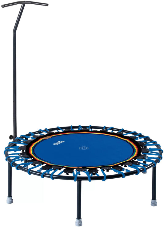 Trimilin Trampolin Jump 120 Plus mit Haltestange mit blauer Sprungmatte und Klappbeinen