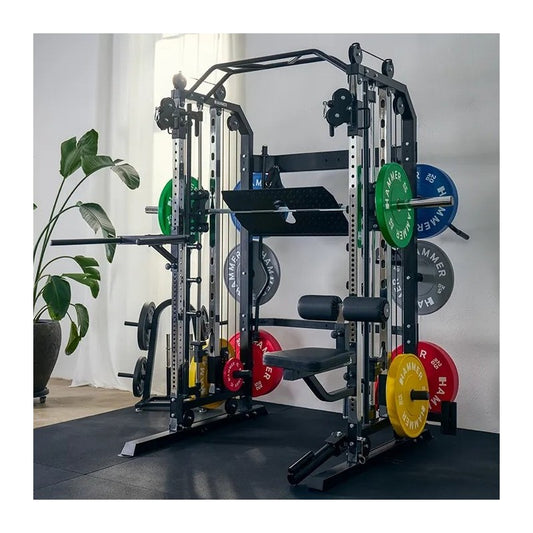 SET-ANGEBOT - Autark Smith Machine Multi mit Dip, Beinpresse, Lat-Sitz, Bank mit Optionen, LH-Stange und 120kg Scheiben